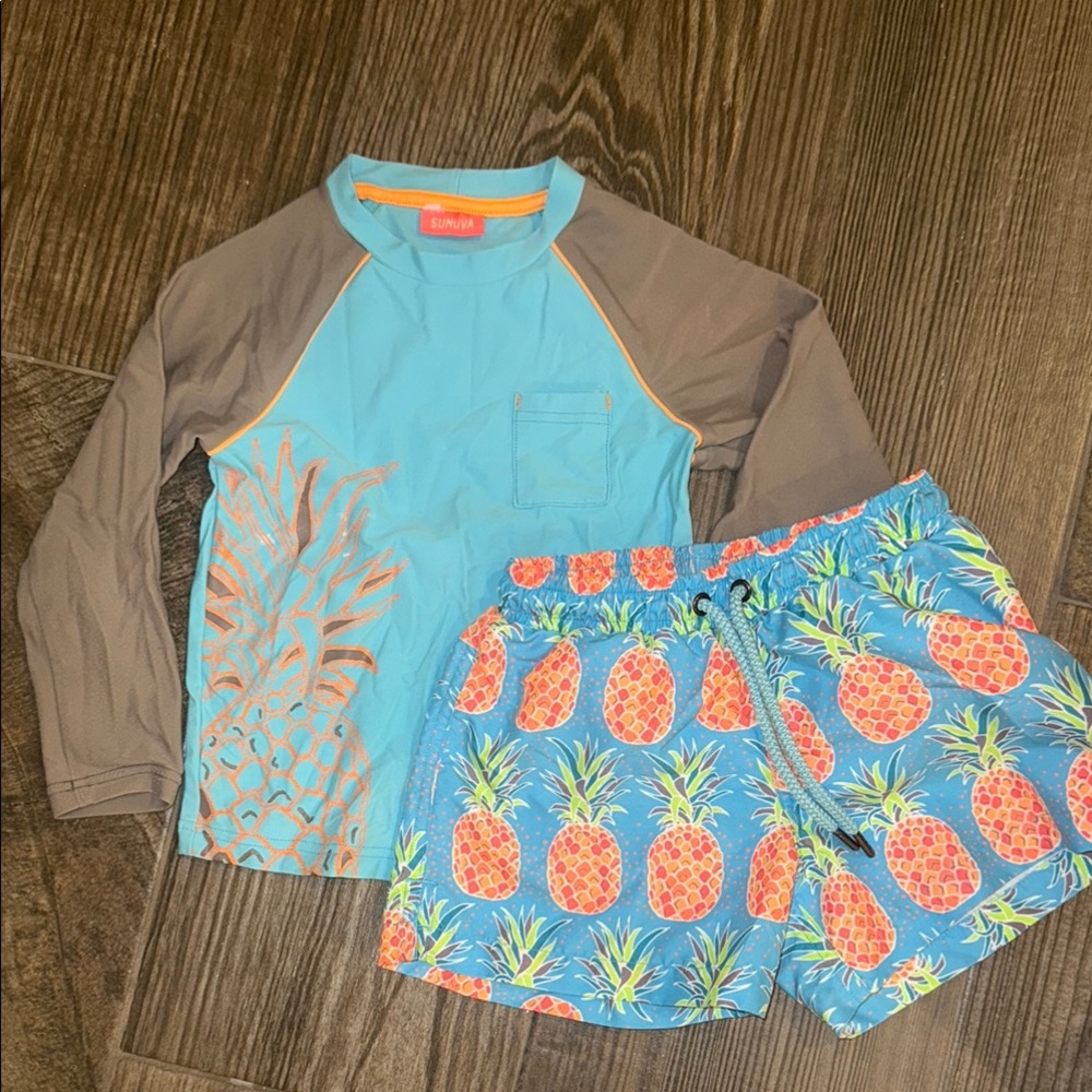 Size 2/3 Blue & Orange Rashguard Swim Trunk Set with Tropical Pineapple Print